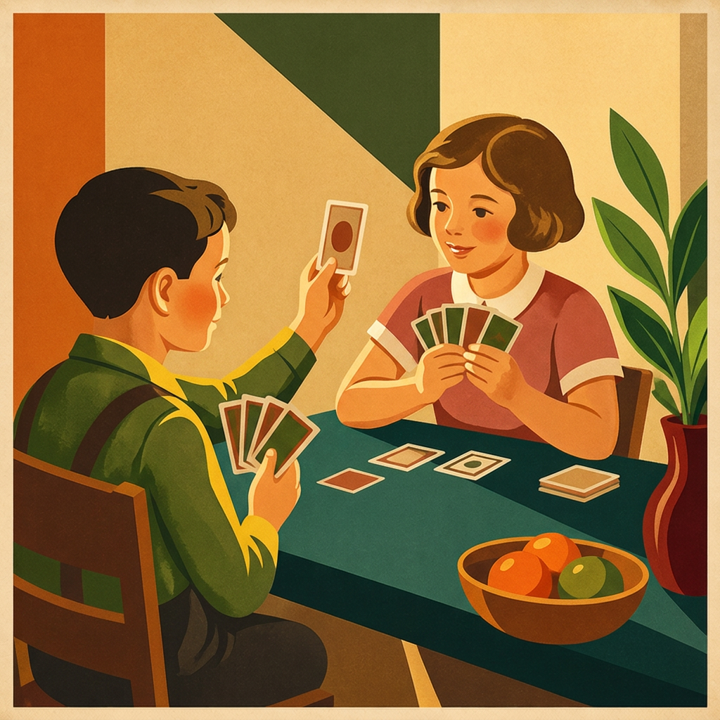 Two children taking turns at a memory card game on a table