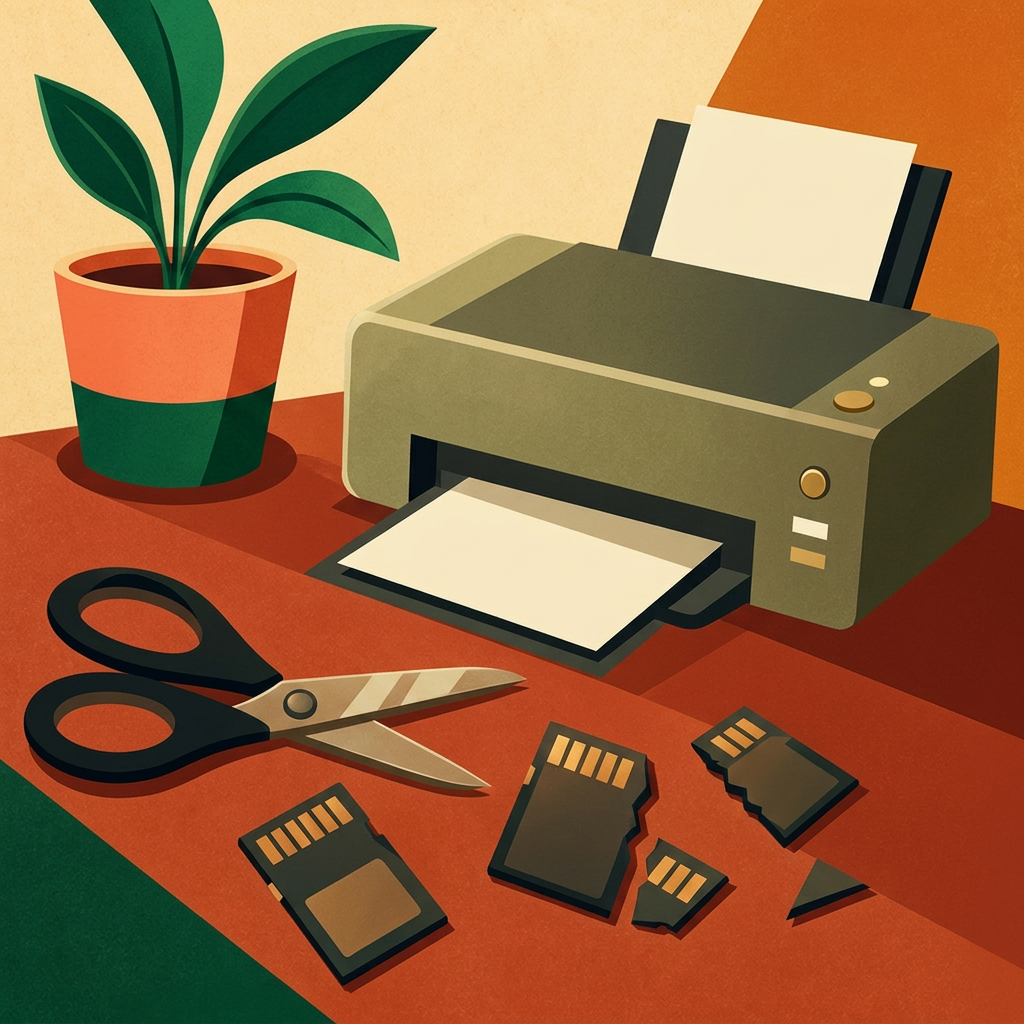 Printer, scissors and printed memory cards ready to cut out