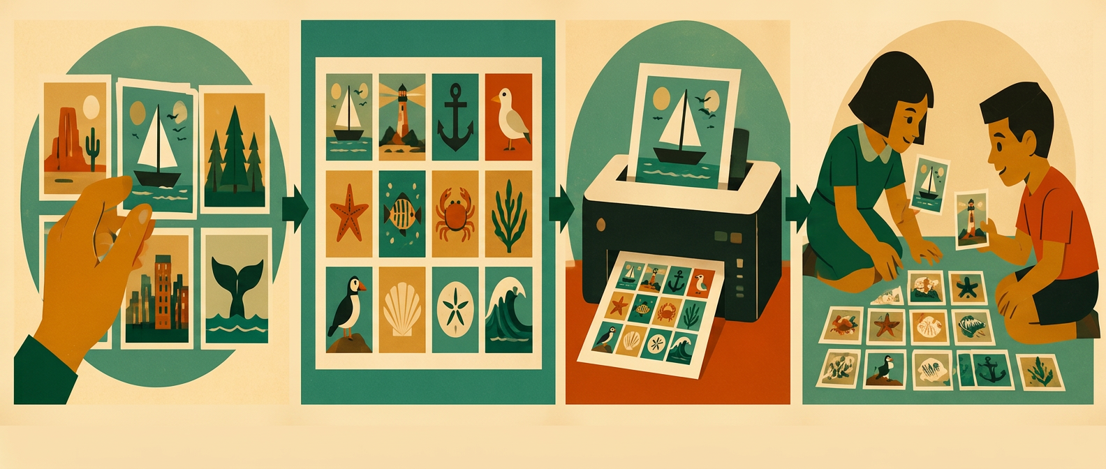 Four steps: pick a theme, preview the cards, print the sheet, then play the memory game